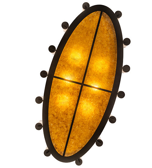 Meyda Lighting Craftsman Avalon 68" 20-Light Textured Black Island Chandelier With Frosted Seeded & Amber Mica Shade Glass