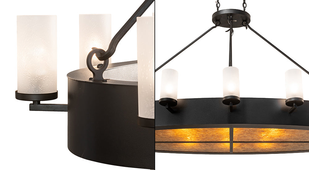 Meyda Lighting Craftsman Avalon 68" 20-Light Textured Black Island Chandelier With Frosted Seeded & Amber Mica Shade Glass