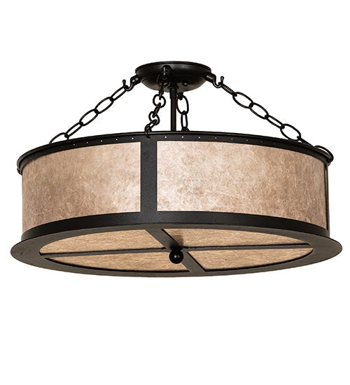 Meyda Lighting Craftsman Prime 23" 4-Light Textured Black Semi-flush Mount Light With Silver Mica Shade Glass