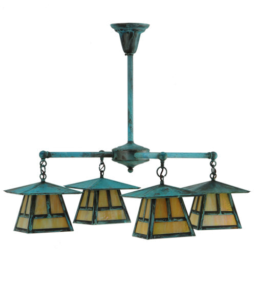 Meyda Lighting Craftsman Signature 32" 4-Light Verdigris Stillwater "T" Mission Chandelier With Iridescent Shade Glass