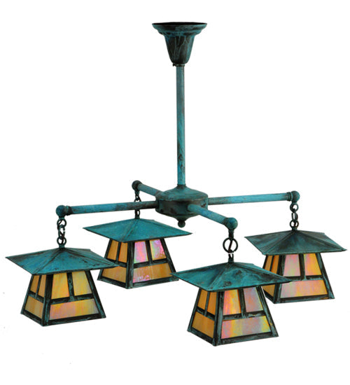 Meyda Lighting Craftsman Signature 32" 4-Light Verdigris Stillwater "T" Mission Chandelier With Iridescent Shade Glass