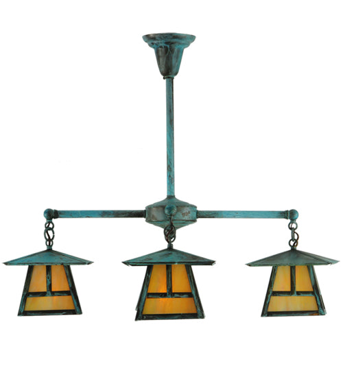 Meyda Lighting Craftsman Signature 32" 4-Light Verdigris Stillwater "T" Mission Chandelier With Iridescent Shade Glass