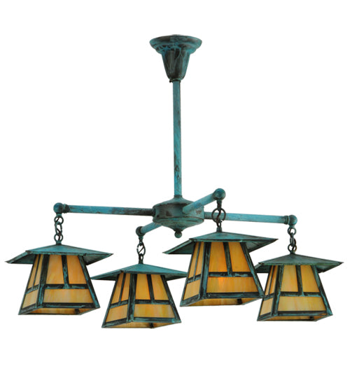 Meyda Lighting Craftsman Signature 32" 4-Light Verdigris Stillwater "T" Mission Chandelier With Iridescent Shade Glass