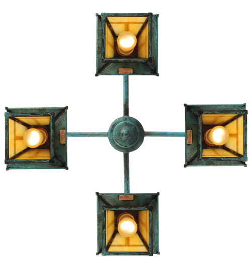 Meyda Lighting Craftsman Signature 32" 4-Light Verdigris Stillwater "T" Mission Chandelier With Iridescent Shade Glass