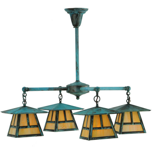 Meyda Lighting Craftsman Signature 32" 4-Light Verdigris Stillwater "T" Mission Chandelier With Iridescent Shade Glass