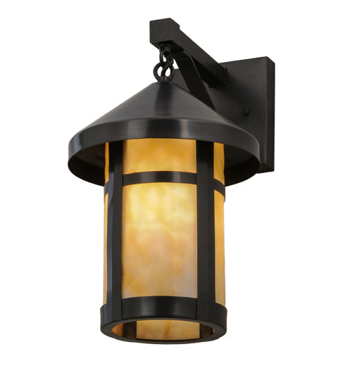 Meyda Lighting Craftsman Signature 8" Craftsman Brown Fulton Hanging Wall Sconce With Beige Art Shade Glass
