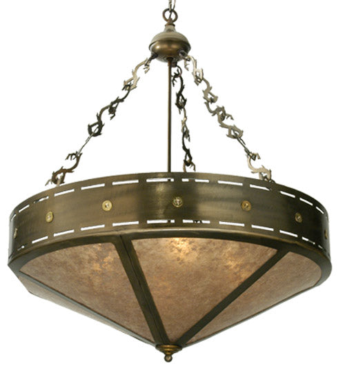 Meyda Lighting Craftsman Target 30" 4-Light Timeless Bronze Inverted Pendant Light With Silver Mica Shade Glass