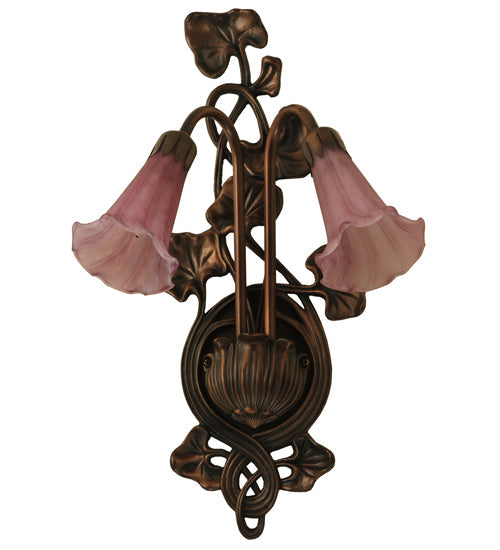 Meyda Lighting Cranberry Pond lily 11" 2-Light Mahogany Bronze Wall Sconce With Cranberry Pink Shade Glass