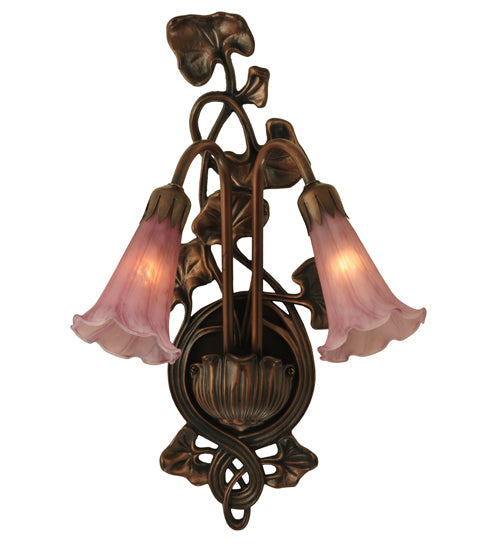 Meyda Lighting Cranberry Pond lily 11" 2-Light Mahogany Bronze Wall Sconce With Cranberry Pink Shade Glass