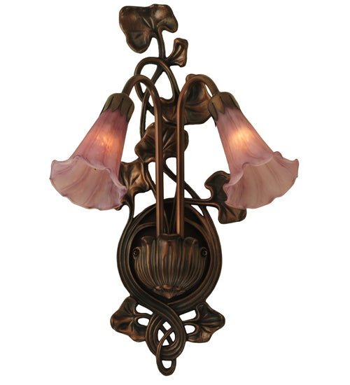 Meyda Lighting Cranberry Pond lily 11" 2-Light Mahogany Bronze Wall Sconce With Cranberry Pink Shade Glass