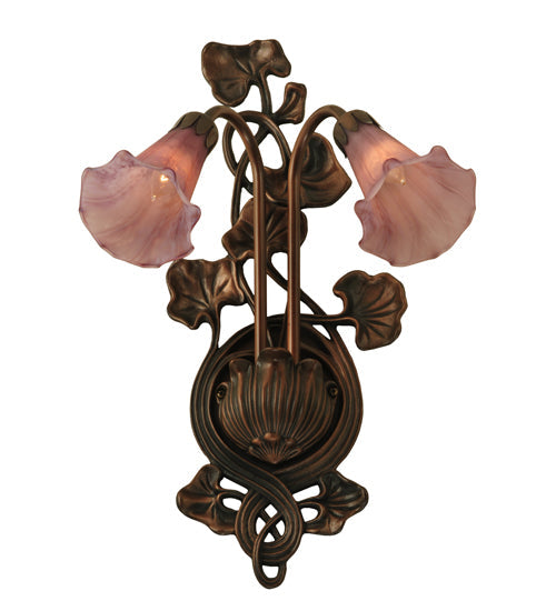 Meyda Lighting Cranberry Pond lily 11" 2-Light Mahogany Bronze Wall Sconce With Cranberry Pink Shade Glass