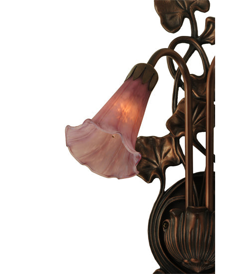 Meyda Lighting Cranberry Pond lily 11" 2-Light Mahogany Bronze Wall Sconce With Cranberry Pink Shade Glass