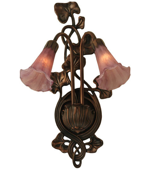 Meyda Lighting Cranberry Pond lily 11" 2-Light Mahogany Bronze Wall Sconce With Cranberry Pink Shade Glass