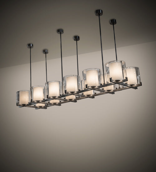 Meyda Lighting Crawford 150" 12-Light Nickel Island Pendant Light With Beige & Clear Shade