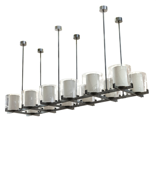 Meyda Lighting Crawford 150" 12-Light Nickel Island Pendant Light With Beige & Clear Shade