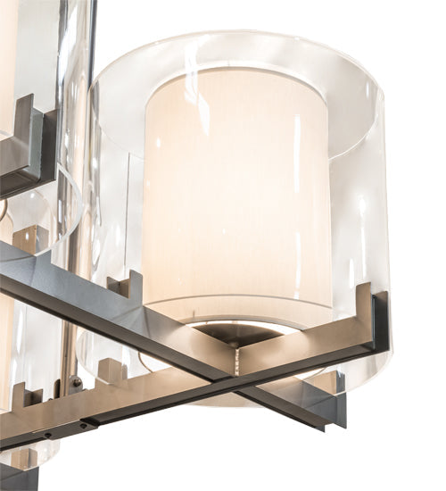 Meyda Lighting Crawford 150" 12-Light Nickel Island Pendant Light With Beige & Clear Shade