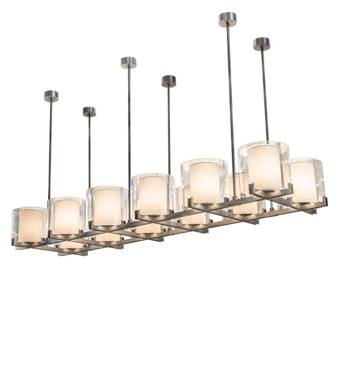 Meyda Lighting Crawford 150" 12-Light Nickel Island Pendant Light With Beige & Clear Shade