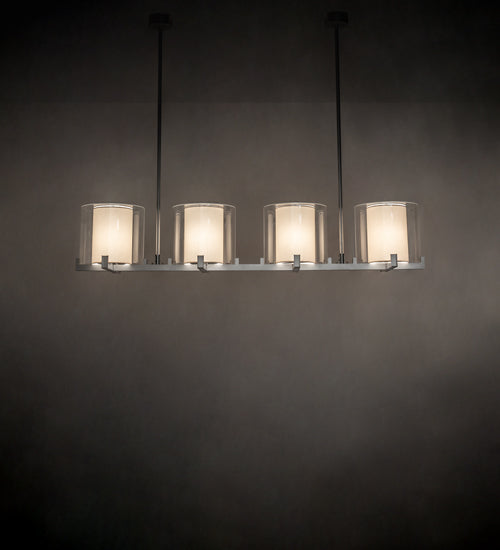 Meyda Lighting Crawford 98" 4-Light Nickel Island Pendant Light With Crystal Idalight & Eggshell Textrene Shade