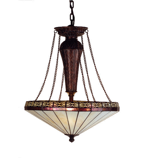 Meyda Lighting Crestwood 22" 3-Light Antique Copper Inverted Pendant Light With Violet & Beige Shade Glass