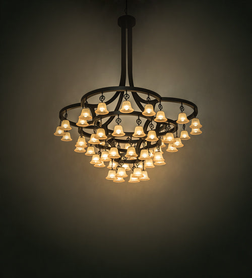 Meyda Lighting Cretella 90" 58-Light Solar Black Chandelier With Beige Shade Glass