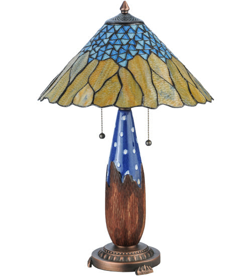 Meyda Lighting Cristal Azul 25" 2-Light Mahogany Bronze Table Lamp With Gold and Blue Shade Glass