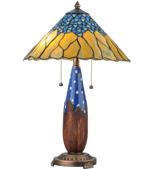 Meyda Lighting Cristal Azul 25" 2-Light Mahogany Bronze Table Lamp With Gold and Blue Shade Glass
