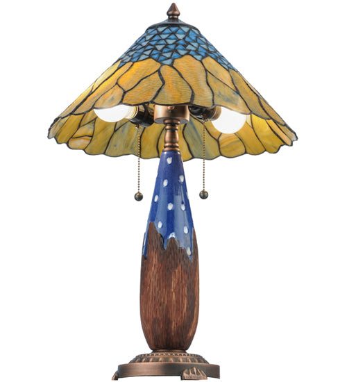 Meyda Lighting Cristal Azul 25" 2-Light Mahogany Bronze Table Lamp With Gold and Blue Shade Glass