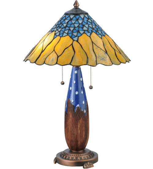 Meyda Lighting Cristal Azul 25" 2-Light Mahogany Bronze Table Lamp With Gold and Blue Shade Glass