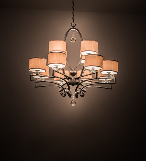 Meyda Lighting Croix 40" 12-Light Blackened Pewter Chandelier With Beige Iridescent Champagne Fabric Shade