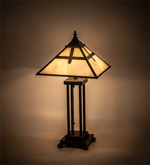 Meyda Lighting Cross Mission 24" 2-Light Mahogany Bronze Table Lamp With Beige Iridescent Shade Glass
