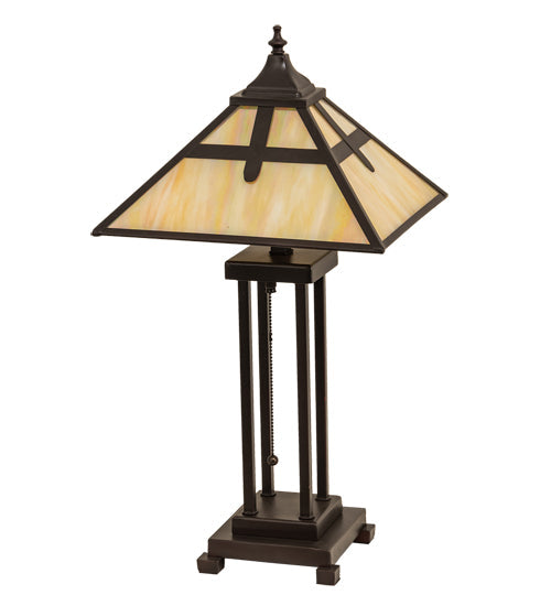 Meyda Lighting Cross Mission 24" 2-Light Mahogany Bronze Table Lamp With Beige Iridescent Shade Glass