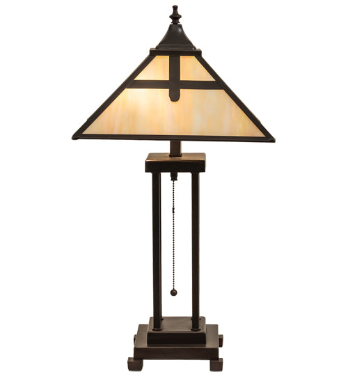 Meyda Lighting Cross Mission 24" 2-Light Mahogany Bronze Table Lamp With Beige Iridescent Shade Glass