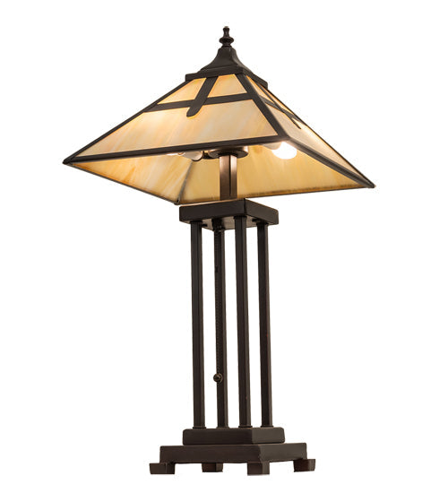 Meyda Lighting Cross Mission 24" 2-Light Mahogany Bronze Table Lamp With Beige Iridescent Shade Glass