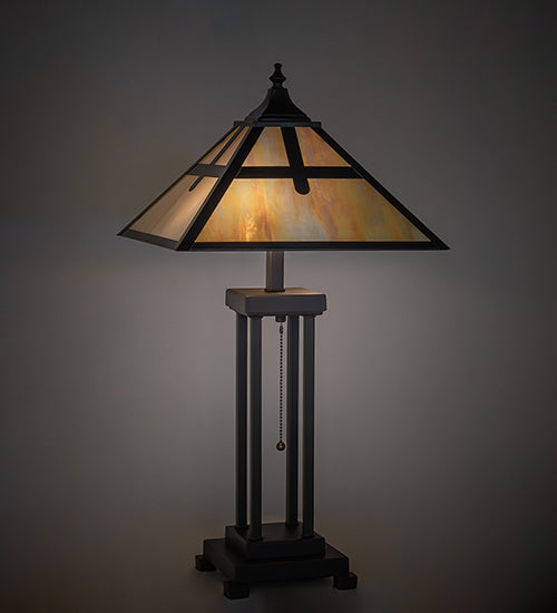 Meyda Lighting Cross Mission 26" 2-Light Craftsman Brown Table Lamp With Beige Iridescent Shade Glass
