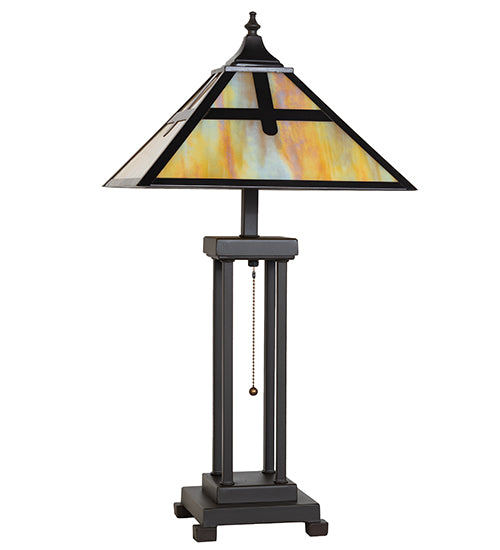 Meyda Lighting Cross Mission 26" 2-Light Craftsman Brown Table Lamp With Beige Iridescent Shade Glass
