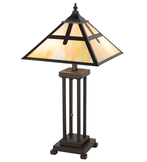 Meyda Lighting Cross Mission 26" 2-Light Craftsman Brown Table Lamp With Beige Iridescent Shade Glass