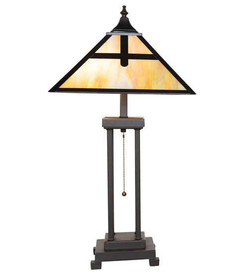 Meyda Lighting Cross Mission 26" 2-Light Craftsman Brown Table Lamp With Beige Iridescent Shade Glass