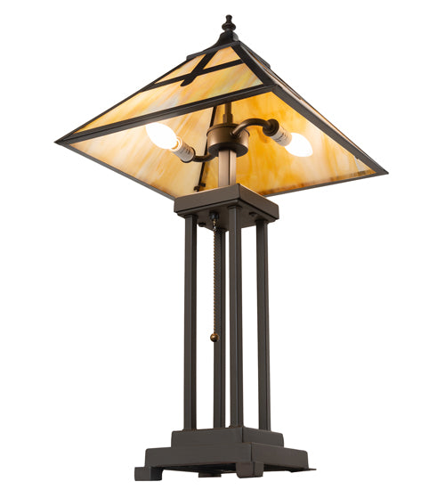 Meyda Lighting Cross Mission 26" 2-Light Craftsman Brown Table Lamp With Beige Iridescent Shade Glass