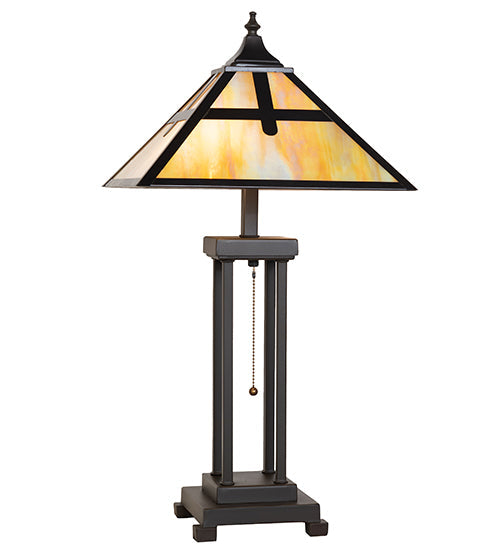 Meyda Lighting Cross Mission 26" 2-Light Craftsman Brown Table Lamp With Beige Iridescent Shade Glass