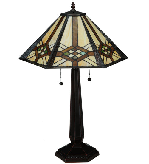 Meyda Lighting Crosshairs Mission 26" 2-Light French Bronze Table Lamp With Honey Beige & Grass Green Shade Glass