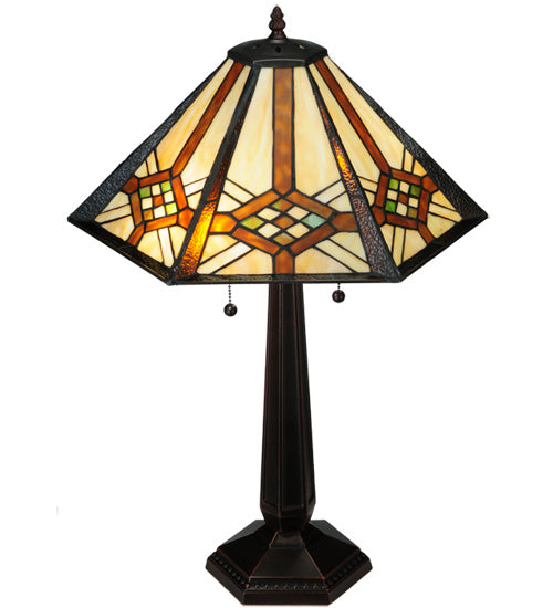 Meyda Lighting Crosshairs Mission 26" 2-Light French Bronze Table Lamp With Honey Beige & Grass Green Shade Glass