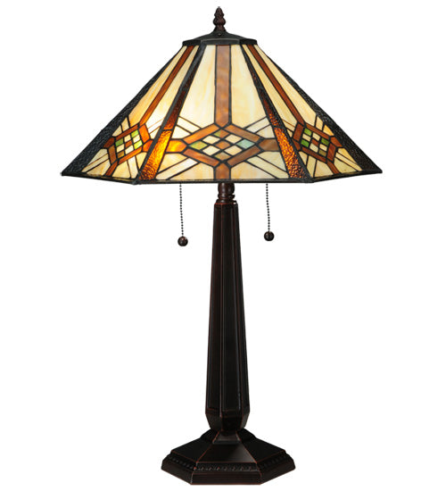 Meyda Lighting Crosshairs Mission 26" 2-Light French Bronze Table Lamp With Honey Beige & Grass Green Shade Glass