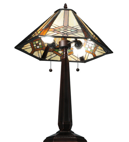 Meyda Lighting Crosshairs Mission 26" 2-Light French Bronze Table Lamp With Honey Beige & Grass Green Shade Glass