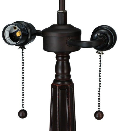 Meyda Lighting Crosshairs Mission 26" 2-Light French Bronze Table Lamp With Honey Beige & Grass Green Shade Glass