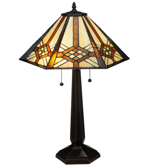 Meyda Lighting Crosshairs Mission 26" 2-Light French Bronze Table Lamp With Honey Beige & Grass Green Shade Glass