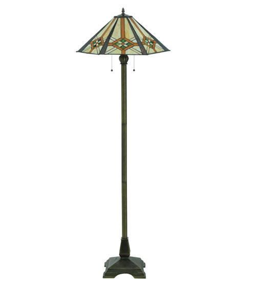 Meyda Lighting Crosshairs Mission 61" 2-Light Antique Floor Lamp With Multi-Colored Shade Glass