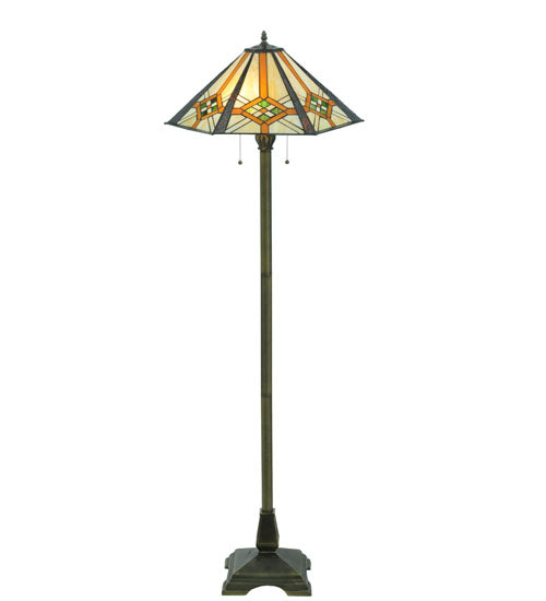 Meyda Lighting Crosshairs Mission 61" 2-Light Antique Floor Lamp With Multi-Colored Shade Glass