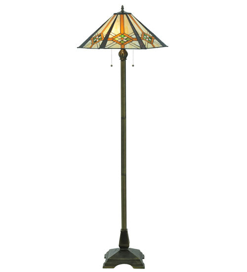 Meyda Lighting Crosshairs Mission 61" 2-Light Antique Floor Lamp With Multi-Colored Shade Glass