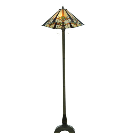 Meyda Lighting Crosshairs Mission 61" 2-Light Antique Floor Lamp With Multi-Colored Shade Glass