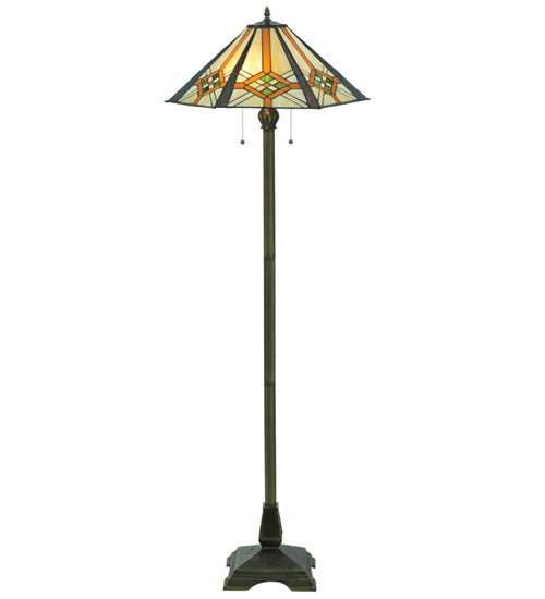 Meyda Lighting Crosshairs Mission 61" 2-Light Antique Floor Lamp With Multi-Colored Shade Glass